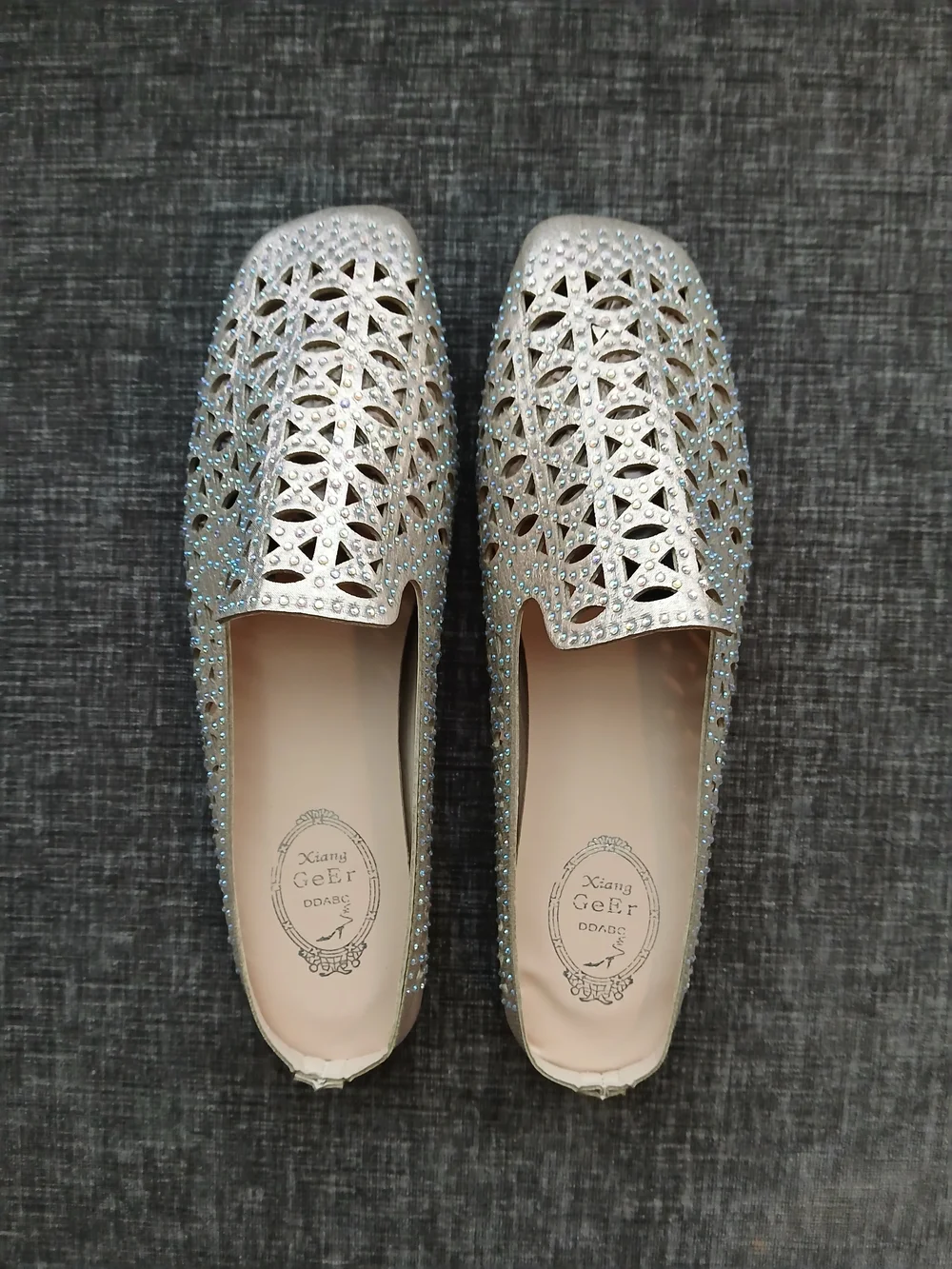 Laser-Cut Embellished Slip-On Flats in Champagne